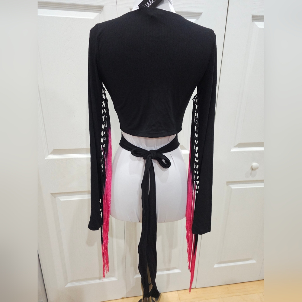 ~SOLD~ Dolls Kill Current Mood Black Pink Whirlwind Romancer Fringe Wrap Top S - Picture 5 of 7